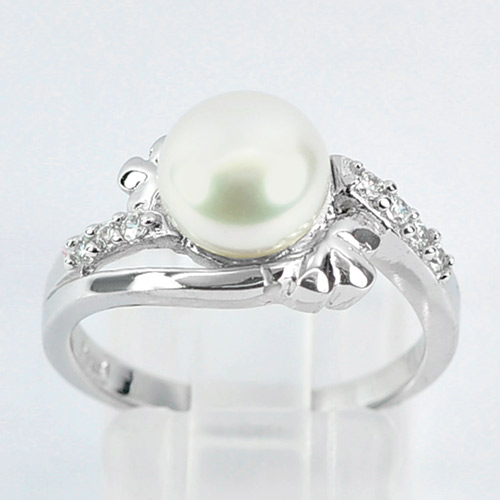 3.63 G. Natural Gem White Pearl with Cz Real 925 Sterling Silver Ring Size 6.5