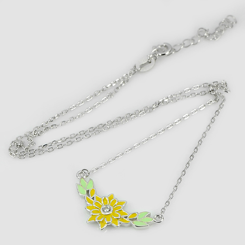 Real 925 Sterling Silver Fine Jewelry Necklace 14 Inch. Design Flower Enamel