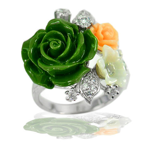 7.45 G. Rose Green Resin Real 925 Sterling Silver Jewelry Ring Size 7 with CZ