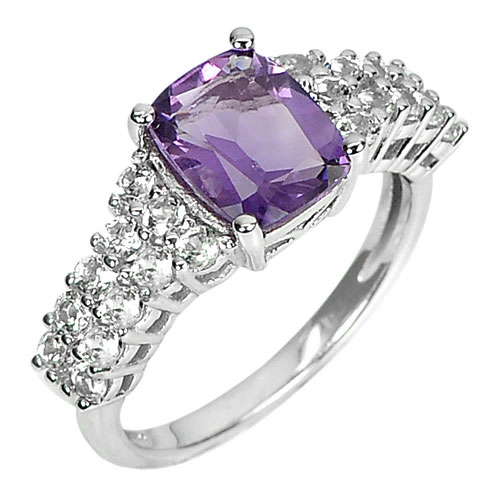 3.75 G. Natural Amethyst Real 925 Sterling Silver White Gold Plated Ring Size 7
