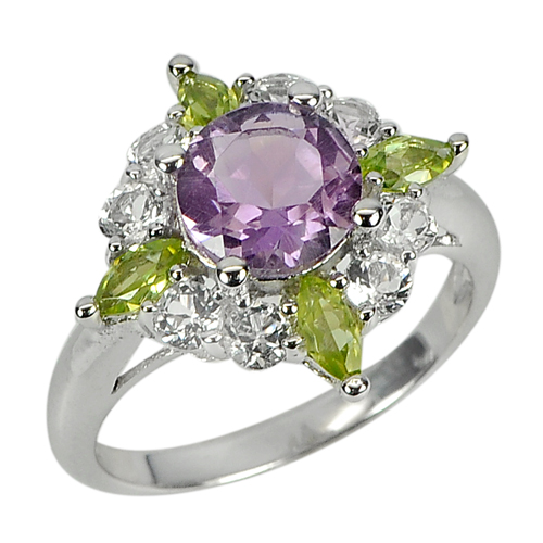 4.18 G. Natural Amethyst Peridot Real 925 Sterling Silver Jewelry Ring Size 8