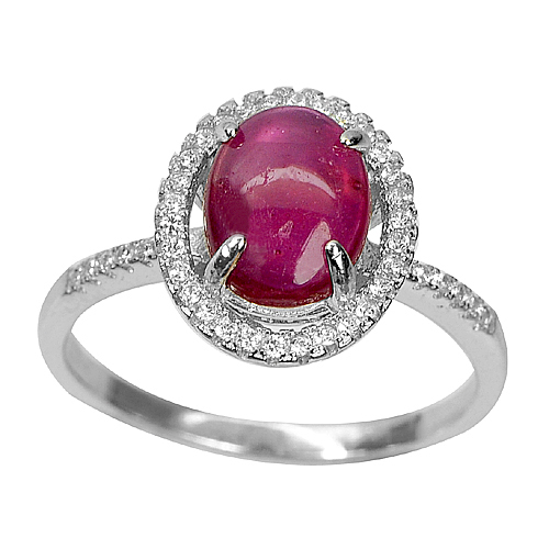 3.15 G. Natural Red Ruby with White CZ Real 925 Sterling Silver Ring Size 8