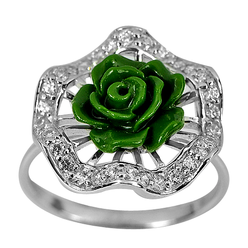 3.48 G. Beautiful Green Rose Resin with CZ Real 925 Sterling Silver Ring Size 8