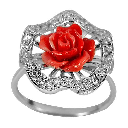 3.46 G. Red Rose Resin with White CZ Real 925 Sterling Silver Ring Size 8