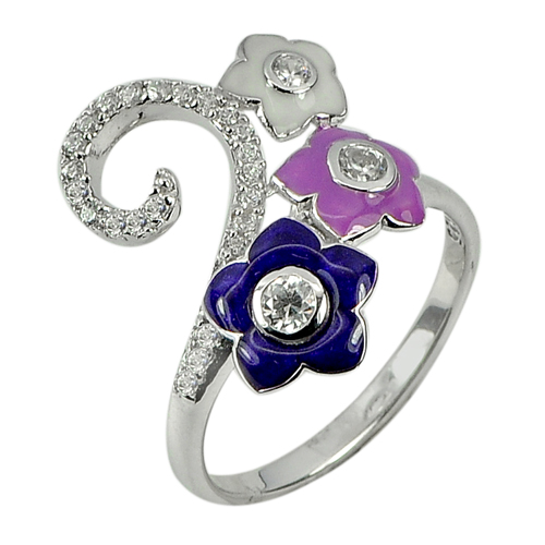 3.36 G. Flower Enamel With White CZ Real 925 Sterling Silver Ring Size 7
