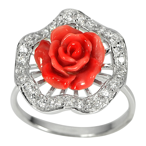 3.33 Gram. Orange Rose Resin with White CZ Real 925 Sterling Silver Ring Size 8