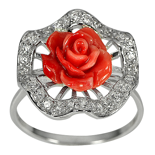 3.45 G. Orange Rose Flower Resin with Cz Real 925 Sterling Silver Ring Size 8