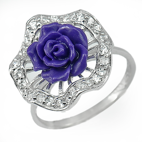 3.60 G. Purple Flower Resin Real 925 Sterling Silver Jewelry Ring Size 8