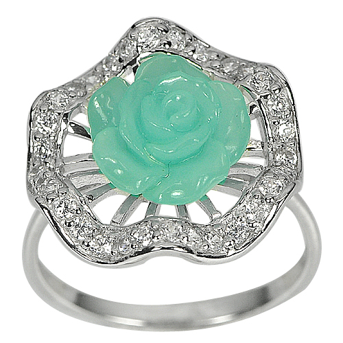 3.36 G. Green Flower Resin with CZ Real 925 Sterling Silver Jewelry Ring Size 8