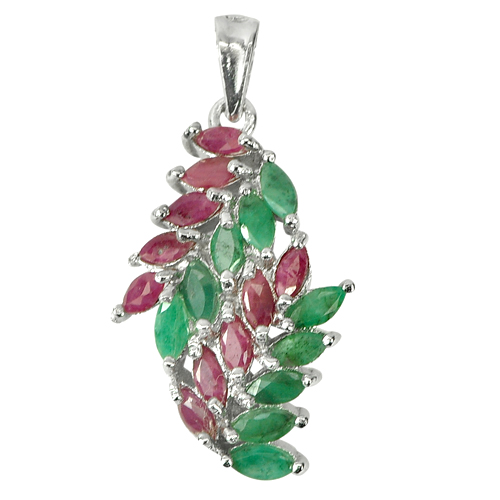 4.20 G.Marquise Shape Natural Gems Ruby Emerald Real 925 Sterling Silver Pendant