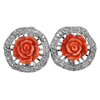925 Sterling Silver Earrings 7.01 G. Orange Rose Flower Resin with White CZ