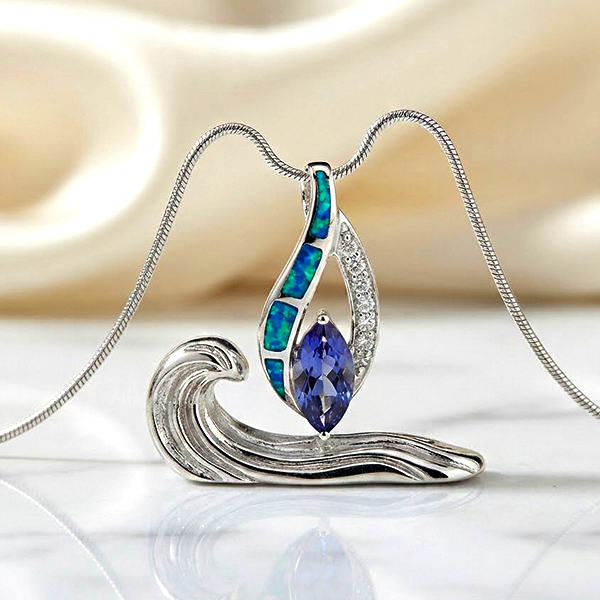 925 Sterling Silver Jewelry Pendant 4.17 G. with Multi Color Blue Created Opal & Created Amethyst
