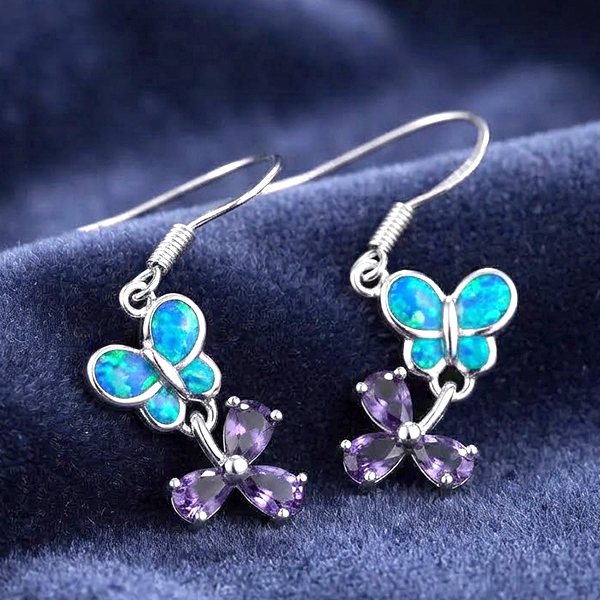 925 Sterling Silver Jewelry Earrings 5.35 G. with Multi Color Blue Created Opal & Created Amethyst