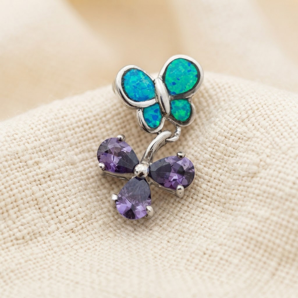 925 Sterling Silver Jewelry Pendant 3.56 G. with Multi Color Blue Created Opal & Created Amethyst
