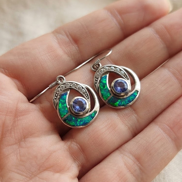925 Sterling Silver Jewelry Earrings 5.06 G. with Multi Color Blue Created Opal & Created Tanzanite