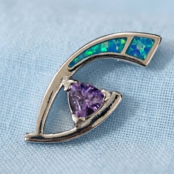 925 Sterling Silver Jewelry Pendant 4.27 G. with Multi Color Blue Created Opal & Created Amethyst