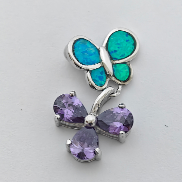 925 Sterling Silver Jewelry Pendant 3.40 G. with Multi Color Blue Created Opal & Created Amethyst