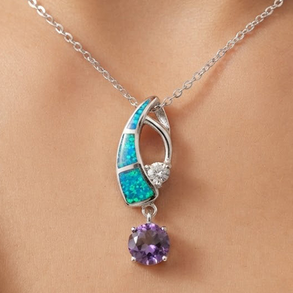 925 Sterling Silver Jewelry Pendant 3.96 G. with Multi Color Blue Created Opal & Created Amethyst