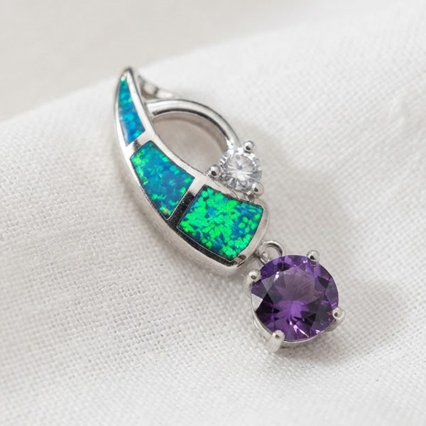 925 Sterling Silver Jewelry Pendant 3.89 G. with Multi Color Blue Created Opal & Created Amethyst
