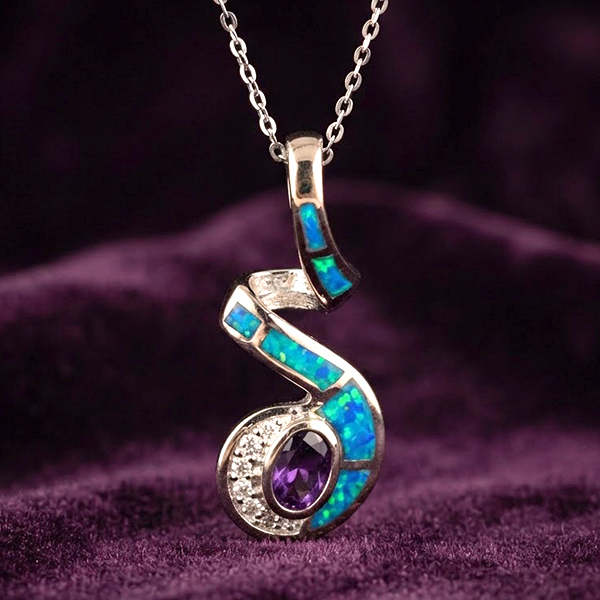 925 Sterling Silver Jewelry Pendant 3.96 G. with Multi Color Blue Created Opal & Created Amethyst