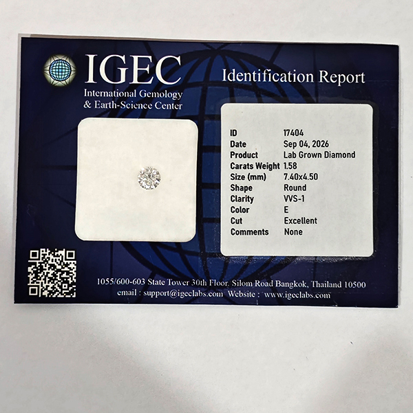 Certified Exceptional White Loose Lab-Grown CVD Diamond 1.58 Ct. Round Diamond Cut 7.40 x 4.50 Mm. Certified Exceptional White Loose Lab-Grown CVD Diamond 1.58 Ct. Round Diamond Cut 7.40 x 4.50 Mm.