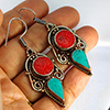 Natural Turquoise & Coral with Metal Silver Plated Earrings Jewelry 32.19 Grams