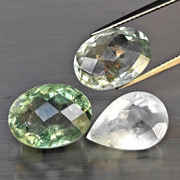 Natural Green Amethyst Gemstone 17.23 Ct. 3 Pcs. Mixed Checkerboard Cut and Mixed Size