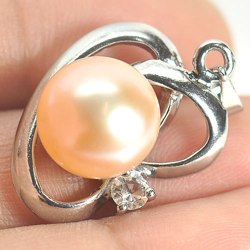 3.14 G. Round Cabochon Natural Peach Pearl Rhodium Silver Plated Pendent