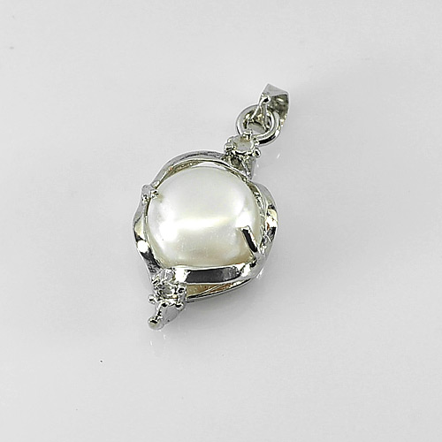 3.17 G. Round Cabochon Natural White Pearl Rhodium Silver Plated Pendant