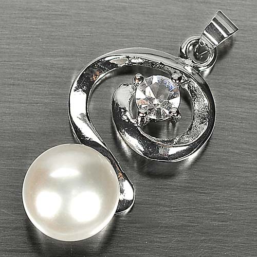3.27 G. Round Cabochon Natural White Pearl Rhodium Silver Plated Pendant
