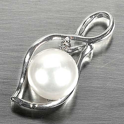 3.18 G. Round Cabochon Natural White Pearl Rhodium Silver Plated Pendent