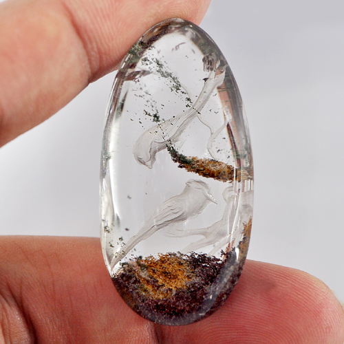 Good 84.30 Ct. Natural Inner Moss Brown White Quartz Carving Birds Pear Cabochon