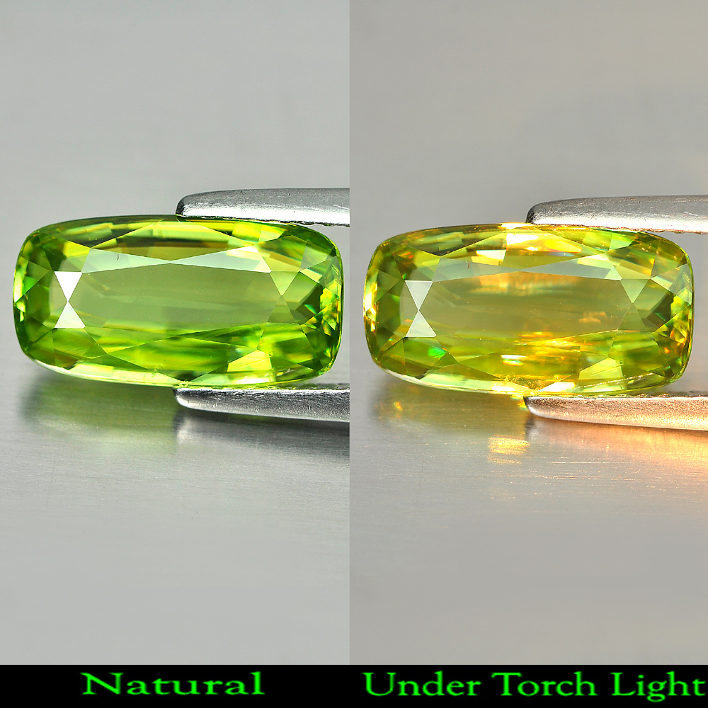 Green Sphene With Rainbow Spark 3.15 Ct. Cushion Shape 12.8 x 6.7 Mm Natural Gem