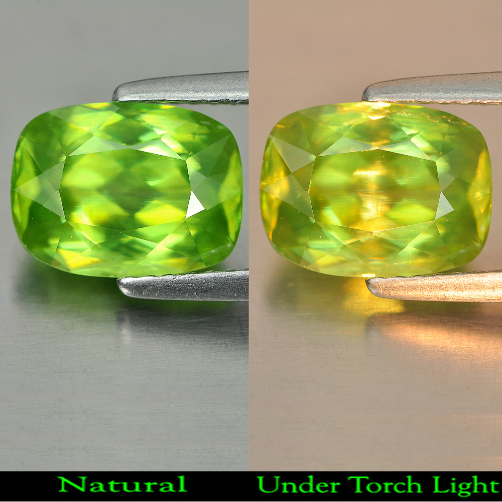 Cushion Shape Natural Yellowish Green Titanium Sphene Rainbow Spark 3.15 Ct.