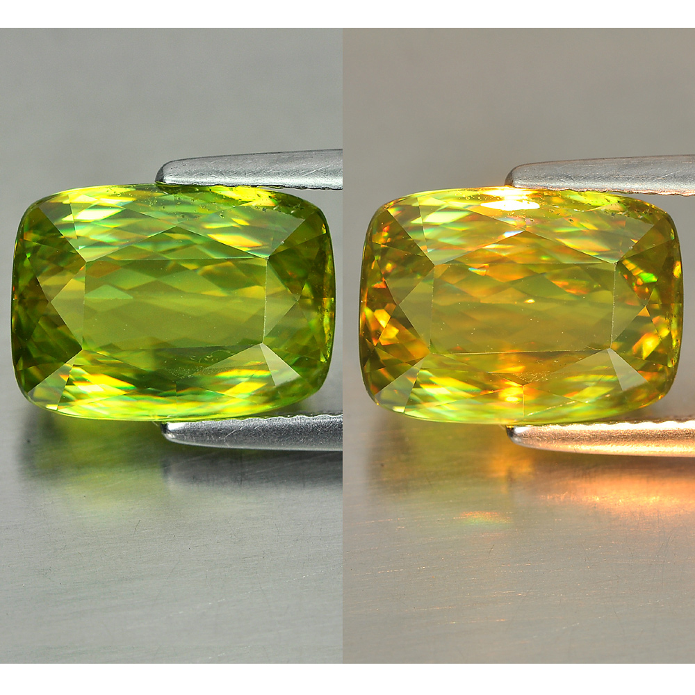 Green Sphene With Rainbow Spark 5.84 Ct. Cushion Shape 11.8 x 8.6 Mm Natural Gem