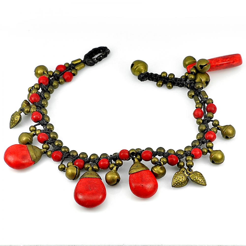Lovely Handmade Red Agate Bell Brass Jingling Bracelet 8 Inch. Fashion Jewelry