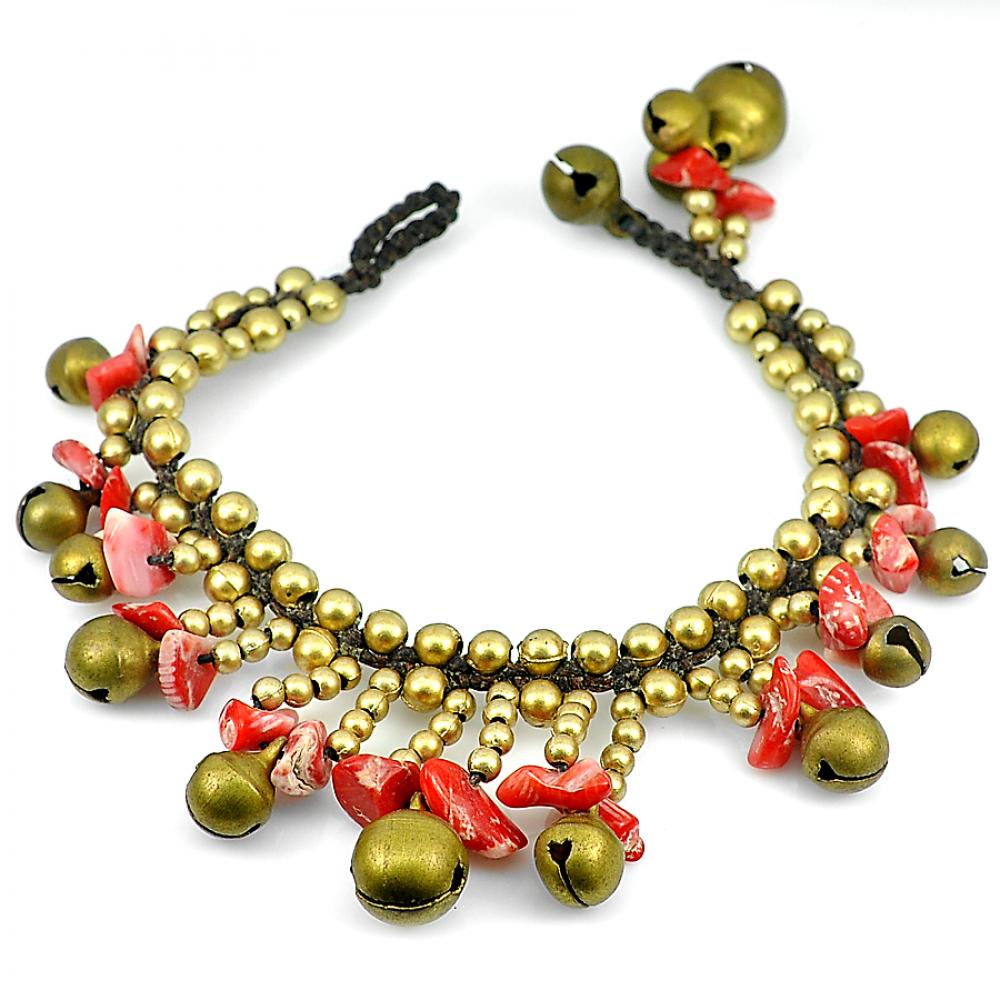 Lovely Handmade Red Agate Bell Brass Jingling Bracelet 7 Inch. Fashion Jewelry