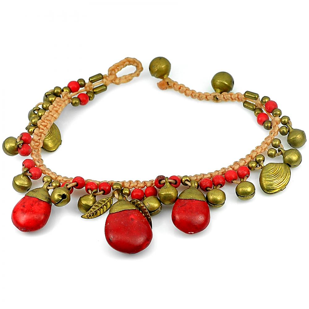 Nice Handmade Red Agate Bell Brass Jingling Bracelet 7.5 Inch. Fashion Jewelry