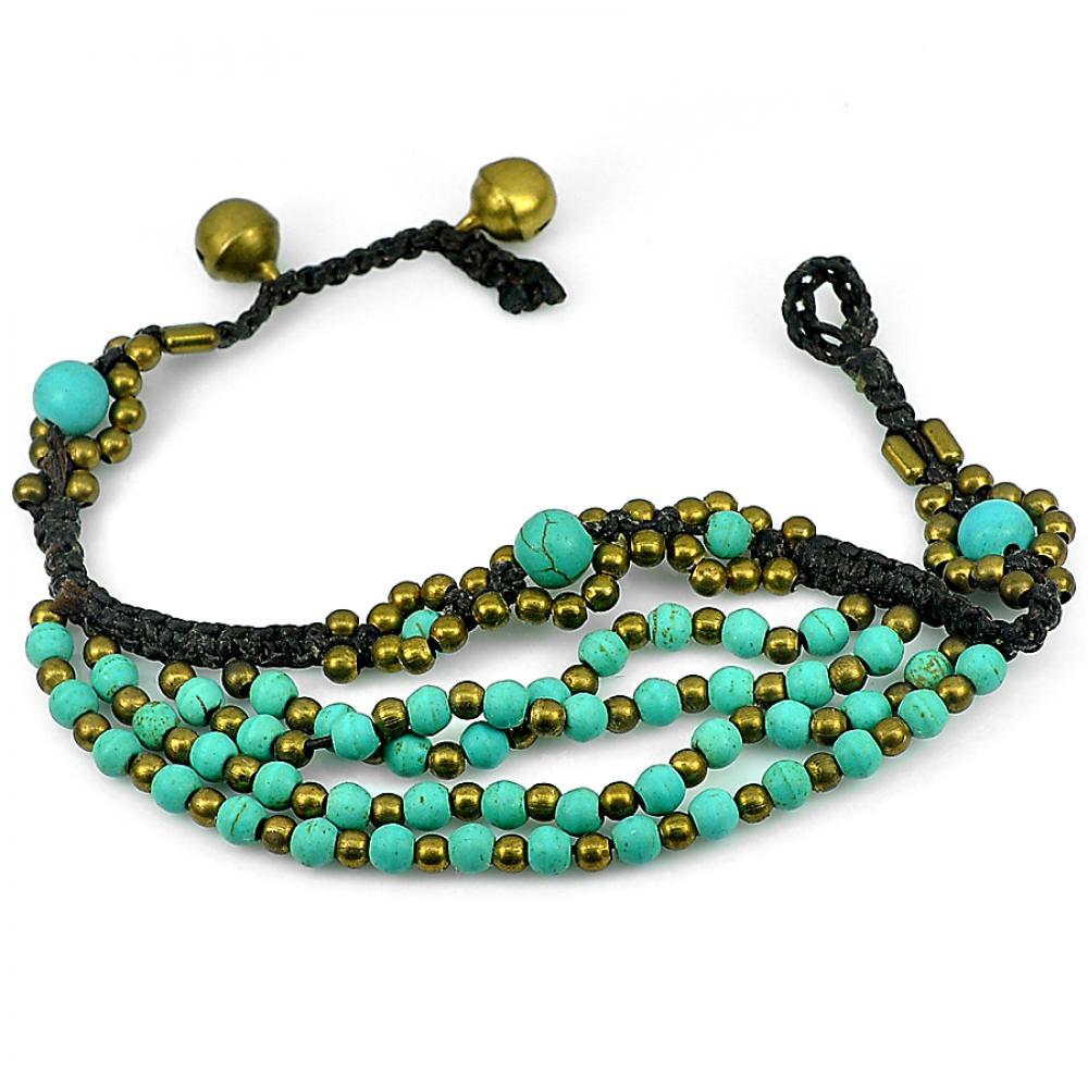 Good Natural Turquoise Handmade Bell Brass Jingling Crochet Bracelet 8 Inch.