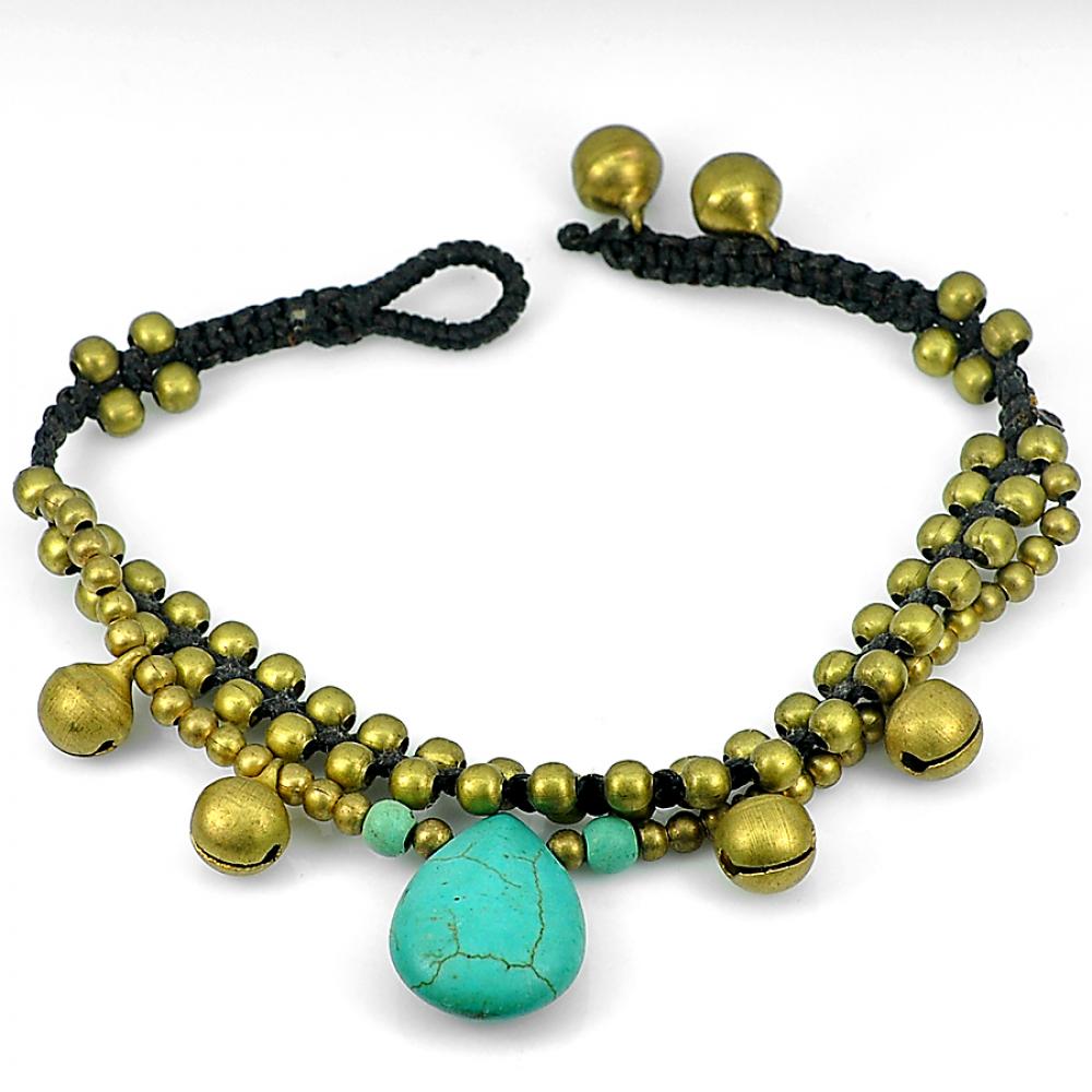 Pretty Turquoise Handmade Bell Brass Jingling Bracelet 8 Inch. Fashion Jewelry