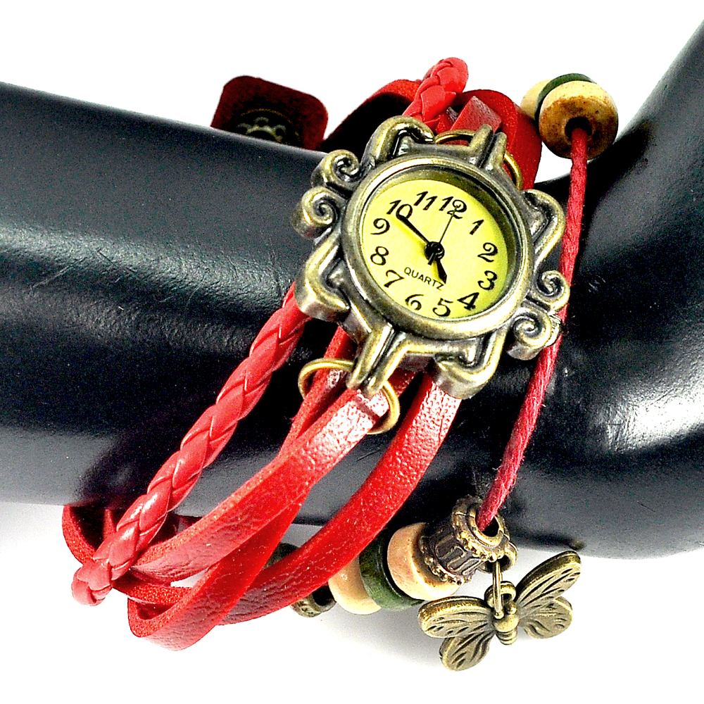 Women Vintage Fashion Butterfly Bracelet Faux Leather Quartz Wrist Watch Red