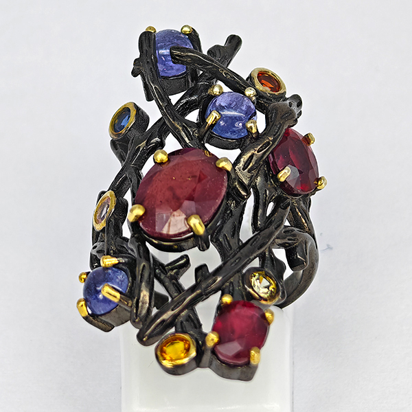 Natural Mixed Gemstone And Ruby Real 925 Sterling Silver Jewelry 7.15 Grams Ring Size 5.5