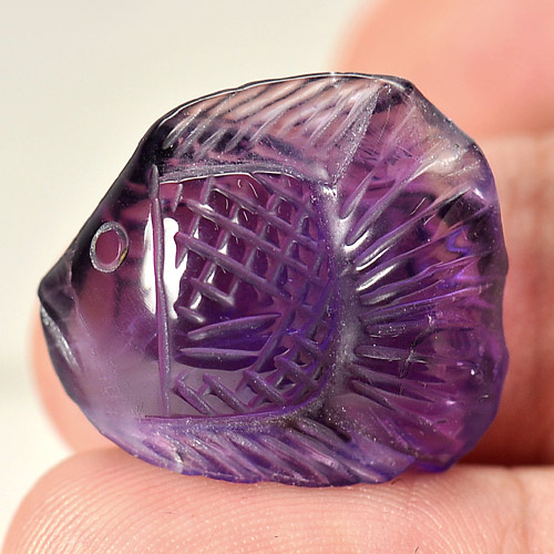 Purple Amethyst 18.91 Ct. Fish Carving 21 x 18.8 Mm. Natural Gem From Brazil