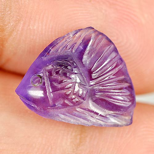 Purple Amethyst 5.38 Ct. Fish Carving 15 x 12 Mm. Natural Gem From Brazil