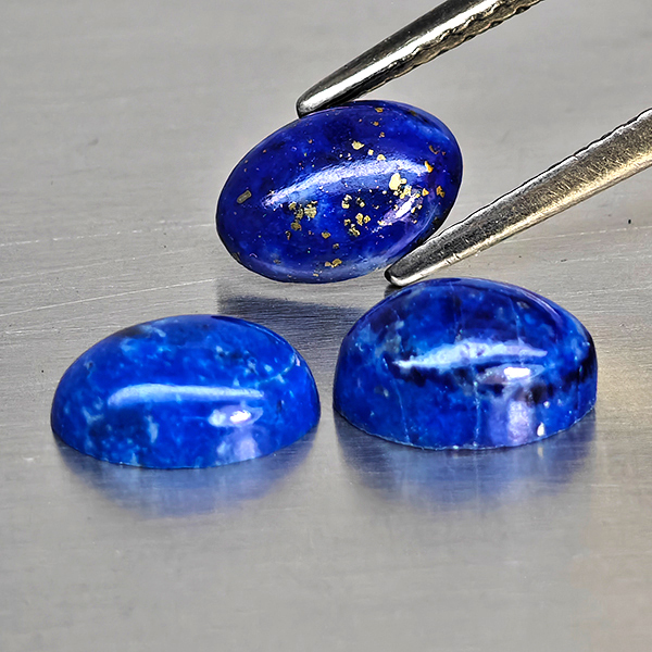 Natural Multi Color Blue Lapis Lazuli Gemstones 2.57 Ct. 3 Pcs. Oval Cabochon Shape 7.3 x 5.3 Mm.