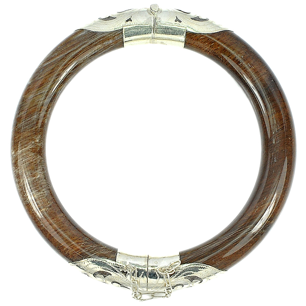 Unheated Natural Brown Petrified Wood Unique Pattern Bangle Silver Very Nice