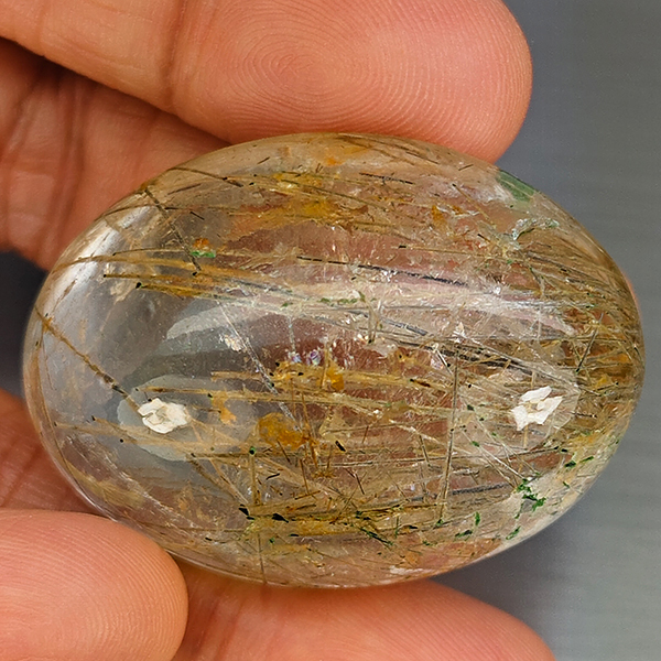 Natural White Black Rutilated Quartz 173.93 Ct. Oval Cabochon Shape 35 x 30Mm Gemstone From Thailand