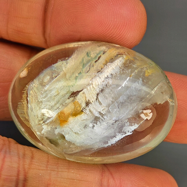 Natural White Yellow Rutilated Quartz 153.34 Ct. Oval Cabochon Shape 39 x 27 Mm Gemstone