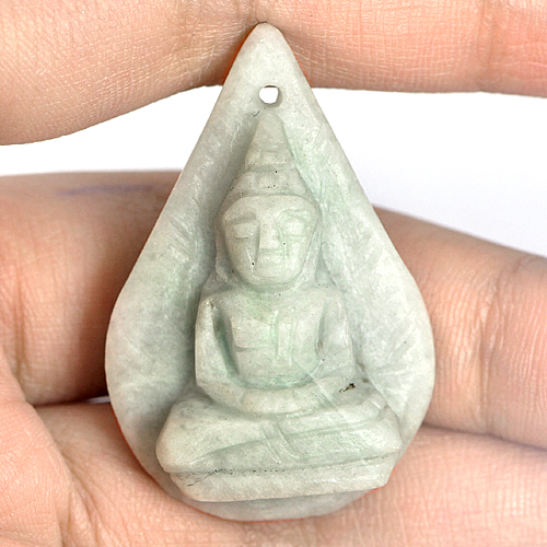 White Green Jade 45.32 Ct. Buddha Carving 37 x 25 Mm. Natural Gemstone Unheated