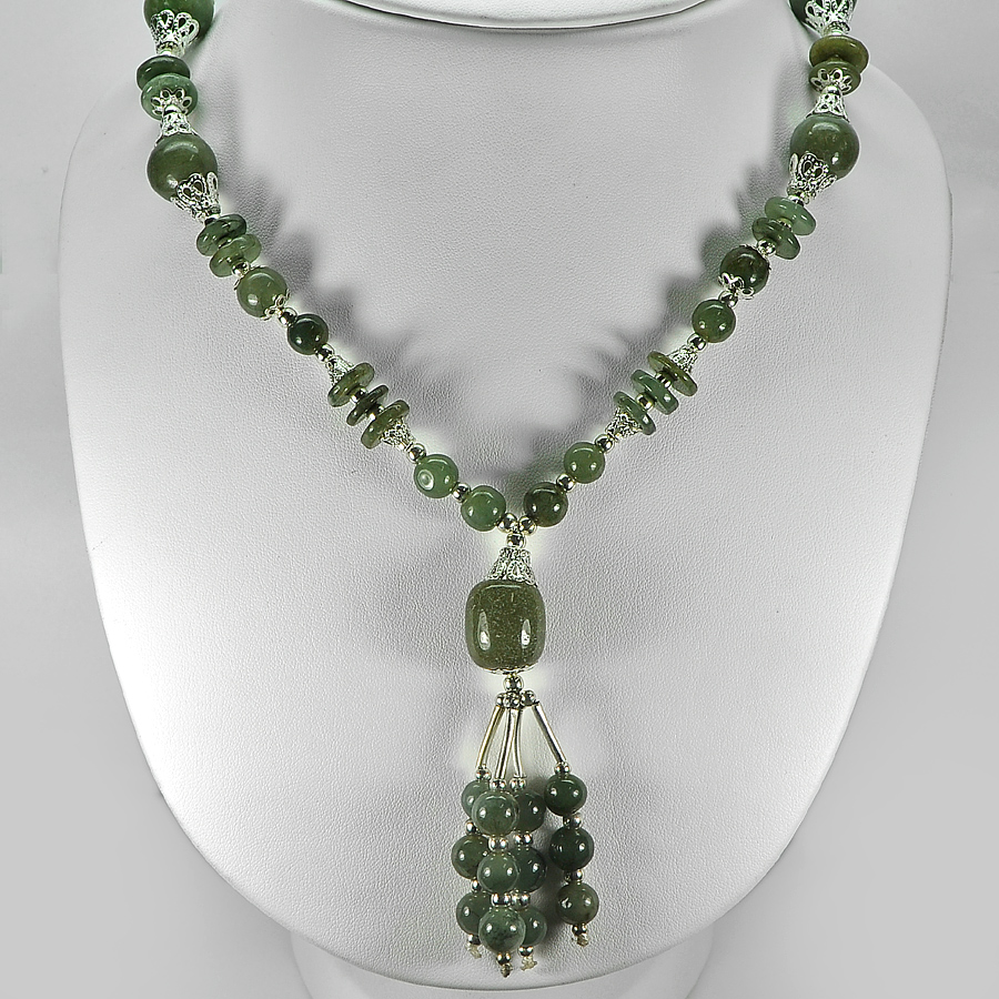 454.48 Ct. Delightful Natural Green Jade Bead Nickel Necklace Length 16 Inch.